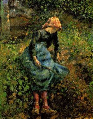 Oil girl Painting - The Shepherdess (Young Peasant Girl with a Stick)  1881 by Pissarro, Camille