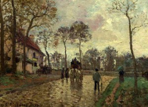 Oil pissarro, camille Painting - The Stage Coach at Louveciennes    1870 by Pissarro, Camille