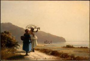 Oil sea Painting - Two Women Chatting by the Sea, St. Thomas, 1856 by Pissarro, Camille