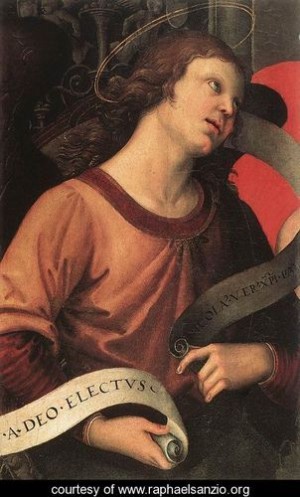 Oil angel Painting - Altarpiece of St. Nicholas of Tolentino (detail of an angel holding and inscription) 1501 by Raphael Sanzio