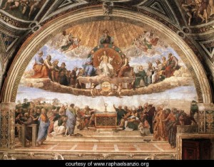 Oil raphael sanzio Painting - Disputation of the Holy Sacrament (La Disputa) by Raphael Sanzio
