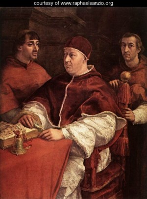 Oil raphael sanzio Painting - Pope Leo X with Cardinals Giulio de' Medici and Luigi de' Rossi [detail 1] by Raphael Sanzio