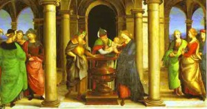 Oil raphael sanzio Painting - Presentation in the Temple (from the predella of the Coronation of the Virgin). c. 1503-1504 by Raphael Sanzio