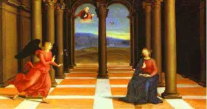 Oil raphael sanzio Painting - The Annunciation (from the predella of the Coronation of the Virgin). c. 1503-1504 by Raphael Sanzio