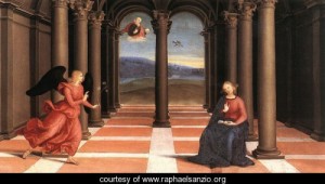 Oil annunciation Painting - The Annunciation (Oddi altar, predella) by Raphael Sanzio