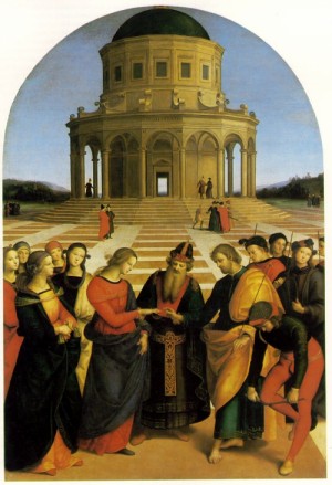 Oil raphael sanzio Painting - The Betrothal of the Virgin (Sposalizio)  1504 by Raphael Sanzio