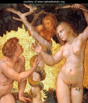 Oil raphael sanzio Painting - The Stanza della Segnatura Ceiling Adam and Eve [detail 1] by Raphael Sanzio