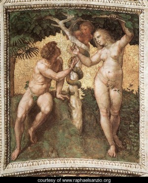 Oil raphael sanzio Painting - The Stanza Della Segnatura Ceiling Adam And Eve by Raphael Sanzio