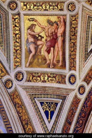 Oil raphael sanzio Painting - The Stanza della Segnatura Ceiling Apollo and Marsyas [detail 1] by Raphael Sanzio