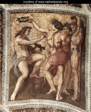 Oil raphael sanzio Painting - The Stanza Della Segnatura Ceiling Apollo And Marsyas by Raphael Sanzio