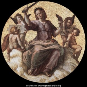 Oil raphael sanzio Painting - The Stanza Della Segnatura Ceiling Justice by Raphael Sanzio