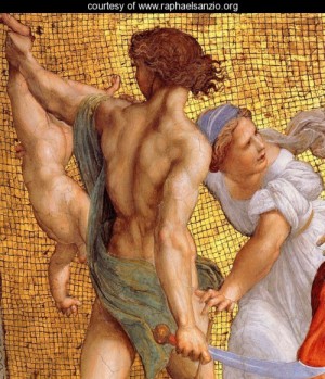 Oil raphael sanzio Painting - The Stanza della Segnatura Ceiling The Judgment of Solomon [detail 1] by Raphael Sanzio