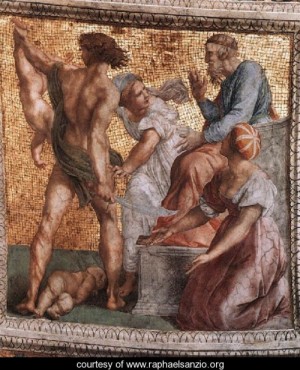 Oil raphael sanzio Painting - The Stanza Della Segnatura Ceiling The Judgment Of Solomon by Raphael Sanzio