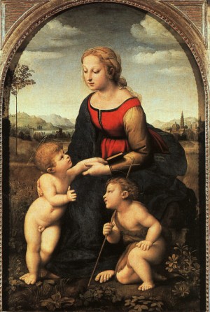 Oil raphael sanzio Painting - The Virgin and Child with Saint John the Baptist (La Belle Jardinière), 1507 by Raphael Sanzio