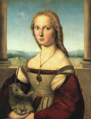 Oil woman Painting - The Woman with the Unicorn, approx. 1505 by Raphael Sanzio