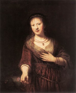 Oil flower Painting - Portrait of Saskia with a Flower   1641 by Rembrandt