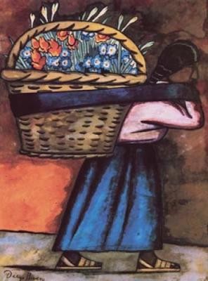 Oil flower Painting - Flower Vendor With Basket by Rivera,Diego