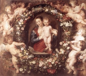 Oil floral Painting - Madonna in Floral Wreath by Rubens,Pieter Pauwel