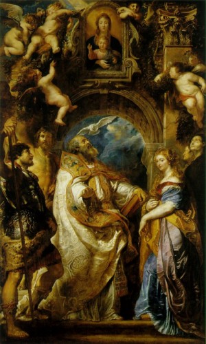 Oil rubens,pieter pauwel Painting - Saint Gregory with Saints Domitilla, Maurus, and Papianus  1607 by Rubens,Pieter Pauwel