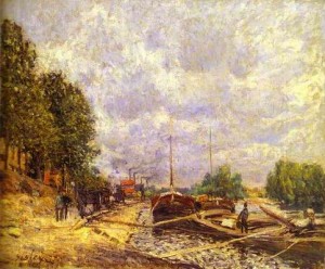 Oil sisley alfred Painting - Barges in Billancourt (Les peniches à Billancourt). 1877 by Sisley Alfred