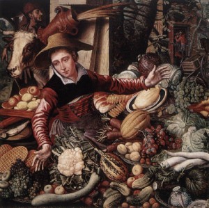 Oil woman Painting - Market Woman with Vegetable Stall, 1567 by Aertsen, Pieter