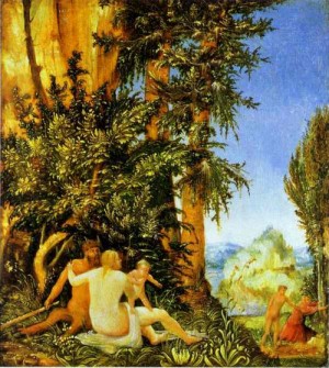 Oil altdorfer, albrecht Painting - Landscape with Satyr Family    1507 by Altdorfer, Albrecht